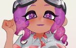 1girl 1girl 1girls blush breasts button_down_shirt curly_hair doro_mizu_831 goggles goggles_on_head heart-shaped_pupils looking_at_viewer nintendo octoling octoling_girl open_mouth purple_eyes purple_hair retro_(octoling) solo_female solo_focus splatoon splatoon_(series) tentacle tentacle_hair