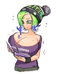 1girl beanie big_breasts book breasts cleavage huge_breasts ink meme mev_(mevlingo) nintendo norishiitsu ouch_meme shirt splatoon sweat tentacle_hair two_tone_hair