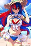 1girl 1girl alear_(female)_(fire_emblem) alear_(female)_(seaside_dragon)_(fire_emblem) alear_(fire_emblem) beach big_breasts bikini blue_bikini blue_eyes blue_hair blue_sky blush character_ball cleavage closed_mouth cloud collarbone criss-cross_halter crossed_bangs fire_emblem fire_emblem_engage fire_emblem_heroes gold_armlet gold_thighlet halterneck hat heterochromia intelligent_systems long_hair looking_at_viewer multicolored_bikini multicolored_hair multicolored_swimsuit navel nintendo ocean official_alternate_costume outside red_bikini red_eyes red_hair showgirl_skirt sky smile sommie_(fire_emblem) split-color_hair stomach straw_hat sun sun_hat swimsuit tes2w44zagroyj7 two-tone_hair very_long_hair water white_bikini