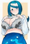 1girl ai_generated blue_eyes blue_hair blush bra breasts fatty huge_breasts lana's_mother_(pokemon) looking_at_viewer mature mature_female milf milf navel plump pokemon sweat sweatdrop ud31665690