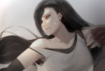 1girl armpits bangs bare_shoulders big_breasts black_hair breasts closed_mouth depth_of_field earrings female_only female_solo fighting_stance final_fantasy final_fantasy_vii final_fantasy_vii_remake fingerless_gloves floating_hair gloves gray_bear jewelry long_hair looking_to_the_side neck off_shoulder red_eyes red_gloves serious square_enix straight_hair swept_bangs tank_top tifa_lockhart upper_body very_long_hair white_tank_top