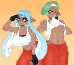 1boy 1girl 1girls artist_name big_breasts black_bra blue_hair bra breasts brown-skinned_female brown-skinned_male brown_skin green_eyes green_hair inkling inkling_boy inkling_girl kitsunearts long_hair looking_at_viewer male mechanic_(splatoon_raiders)_(cosplay) navel nintendo orange_pants pants pointy_ears sage_(splashv) short_hair simple_background skylar_(splashv) splatoon splatoon_raiders sweat sweater_around_waist tank_top tentacle_hair twitter_link white_tank_top yellow_background