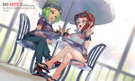 2_girls :o arm_under_breasts beanie big_breasts black_shoes black_shorts blue_hair blue_pants bracelet breasts chair colored_tongue commentary crossed_legs cup disposable_cup dolphin_shorts drinking_straw eyewear_on_head flip-flops full_body gradient_hair green_eyes green_hair green_hat green_tongue grey_eyes grey_shirt hat high_tops holding holding_cup jewelry jinkoika limón_(limon_limes) limon_(limon_limes) looking_at_another medium_hair mev_(mevlingo) multicolored_hair multicolored_shoes multiple_girls nintendo octoling octoling_girl octoling_player_character on_chair open_mouth outside pants parasol parted_bangs purple_shirt red-framed_eyewear red_hair red_shoes sandals shirt shoes short_sleeves shorts sitting sneakers splatoon_(series) sunglasses symbol-only_commentary t-shirt table tentacle_hair umbrella white_shoes