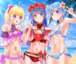 3_girls alternate_costume beach bikini blonde_hair blue_bikini blue_eyes blue_hair clarine_(fire_emblem) fire_emblem fire_emblem:_the_binding_blade flower high_res intelligent_systems lilina_(fire_emblem) lilina_(summer)_(fire_emblem) multiple_girls nintendo ocean ponytail purple_bikini purple_eyes red_bikini shanna_(fire_emblem) short_hair small_breasts smile swimsuit tsukimura_(d24f4z8j3t)