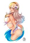 1girl absurd_res alluring artist_name ass big_breasts bikini black_hairband breasts corrin_(fire_emblem) corrin_(fire_emblem)_(female) fire_emblem fire_emblem_fates fire_emblem_heroes flower hair_flower hair_ornament hairband high_res huge_ass long_hair nintendo open_mouth pointy_ears red_eyes revolverwingstudios sideboob simple_background swimsuit voluptuous white_background white_hair