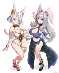 1girl 2_girls absurd_res alternate_costume arms_up ass bare_shoulders big_breasts big_breasts bikini blue_bikini blue_eyes blush bubble_ass bubble_butt cat_ears cat_girl catgirl circlet cleavage core_crystal curvy facial_markings fat_ass female_only gonzarez head_wings high_res large_ass long_hair looking_at_viewer melia_antiqua midriff milf monolith_soft navel nia_(xenoblade) nintendo one-piece_swimsuit queen queen_nia royalty shell_bikini short_hair side-tie_bikini silver_hair slim_waist swimsuit thick_ass thick_thighs thighs tiara very_long_hair voluptuous white_swimsuit wide_hips wings wings_on_head xenoblade_(series) xenoblade_chronicles_3 yellow_eyes