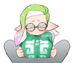 1boy 1girl 1girls big_breasts breasts doro_mizu_831 glasses green_hair green_shirt inkling inkling_girl male nintendo paizuri paizuri_under_clothes shirt splatoon splatoon_oc tentacle_hair