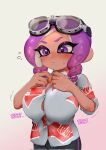 1girl 1girls big_breasts black_leggings breasts button_down_shirt button_gap cleavage doro_mizu_831 english_text female_only goggles_on_head nintendo octoling_girl original_character purple_eyes purple_hair retro_(octoling) solo_female solo_focus splatoon splatoon_(series) splatoon_oc sweat tentacle tentacle_hair