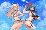  2_girls alluring ass ass-to-ass big_breasts bikini black_bikini black_hairband blue_eyes blue_sky breasts byleth_(fire_emblem) byleth_(fire_emblem)_(female) cleavage cloud corrin_(fire_emblem) corrin_(fire_emblem)_(female) dagger day fang fire_emblem fire_emblem:_three_houses fire_emblem_fates fire_emblem_heroes flower from_side hair_flower hair_ornament hairband high_res long_hair looking_to_the_side multiple_girls nintendo one_eye_closed open_mouth patdarux raydango red_eyes sheath sheathed sky swimsuit teal_hair thigh_strap twitter_username voluptuous wading water weapon white_hair wreath 