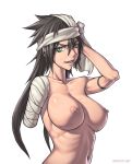 1girl amputee bandage bandages bandana bandanna belly big_breasts black_hair bleach blue_eyes breasts bust collarbone green_eyes hair kukkau_shiba large_breasts lips long_hair looking_at_viewer navel nipples nude ribs sefuart shiba_kuukaku smile solo speh tattoo topless upper_body