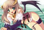 1girl blonde_hair blush demon demon_girl devil fang garters green_eyes hentai horns kyougoku_shin laugh laughing open_mouth panties ragnarok_online solo succubus succubus_(ragnarok_online) underwear wings