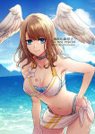 1girl 1girl alluring big_breasts bikini blue_eyes breast_tattoo choker cleavage eunie_(xenoblade) head_wings long_hair looking_at_viewer navel nintendo smile swimsuit tattoo toriko_momomo white_wings wings xenoblade_(series) xenoblade_chronicles_3