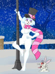 1girl 1girl algahiem3 breasts eyebrows eyelashes female_only frisky_the_snowgal frosty_the_snowman genderswap lipstick navel orange_nose scarf sexy snow snowgirl snowing snowwoman top_hat white_hair winter