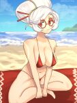 1girl 1girl 1girls artist_name big_breasts bikini breasts cleavage glasses navel nintendo norishiitsu purah purah_(tears_of_the_kingdom) red_eyes tears_of_the_kingdom the_legend_of_zelda white_hair