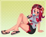 1girl arm_support armband belt big_breasts bike_shorts breasts curvy dolphin_shorts eyewear_on_head food grey_eyes grey_shirt limón_(limon_limes) limon_(limon_limes) little_blood looking_at_viewer multiple_belts nintendo octoling_girl octoling_player_character on_floor pale_skin popsicle red-framed_eyewear sandals shirt short_eyebrows short_sleeves simple_background sitting splatoon_(series) suction_cups sunglasses tentacle_hair thick_eyebrows