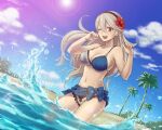 1girl ;d alluring alternate_costume artist_request asymmetrical_bikini asymmetrical_swimsuit bare_arms bare_shoulders beach big_breasts bikini black_hairband blue_bikini blue_swimsuit blush breasts cleavage cloud collarbone corrin_(fire_emblem) corrin_(fire_emblem)_(female) day dutch_angle female_focus fire_emblem fire_emblem_fates fire_emblem_heroes floating_hair flower grey_bikini grey_swimsuit hair_between_eyes hair_flower hair_ornament hairband hands_up happy hibiscus hiyori_(rindou66) laughing long_hair looking_at_viewer midriff navel neck nintendo one_eye_closed open_mouth outside palm_tree pointy_ears red_eyes red_flower round_teeth silver_hair sky smile splashing standing sun swimsuit teeth tree upper_body voluptuous wince wink