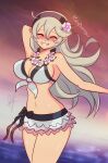 1girl 1girl alluring bare_legs big_breasts bikini blush breasts closed_eyes corrin_(fire_emblem) corrin_(fire_emblem)_(female) fire_emblem fire_emblem_fates fire_emblem_heroes flower grin heavy_blush high_res long_hair manakete midriff navel nintendo ocean raydango smile swimsuit voluptous white_bikini