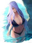 1girl 1girl alluring alternate_costume bare_shoulders big_breasts bikini black_bikini camilla_(fire_emblem) cleavage curvy fire_emblem fire_emblem_fates fire_emblem_warriors from_above hair_over_one_eye high_res intelligent_systems labebebe_lee long_hair looking_at_viewer mature_female navel nintendo outside parted_lips pink_eyes purple_hair rock smile stomach swimsuit teeth thick_thighs thighs very_long_hair wading water wavy_hair