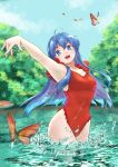 1girl ahoge alluring blue_eyes blue_hair bug butterfly commission fire_emblem fire_emblem:_the_binding_blade high_res insect intelligent_systems lake lilina_(fire_emblem) nintendo outside red_bikini red_one-piece_bikini skeb_commission tree tsulala44_(oi_thanks) water
