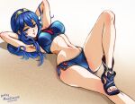 1girl alluring alternate_costume armpits arms_behind_head bare_legs bare_midriff bare_shoulders bikini blue_bikini blue_eyes blue_hair blue_swimsuit cape covered_nipples fire_emblem fire_emblem:_awakening hourglass_figure long_hair lucina lucina_(fire_emblem) medium_breasts mina_cream minacream nintendo pose sandals seductive solo_female swimsuit voluptuous wide_hips