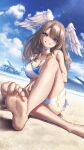 1girl 1girl absurd_res alluring barefoot beach big_breasts bikini blue_eyes blue_sky blush breast_tattoo choker cleavage cloud collar commentary_request dutch_angle eunie_(xenoblade) feet foot_focus foreshortening hakusai_(hksicabb) head_wings high_res indian_style light_brown_hair long_hair looking_at_viewer multicolored_bikini naughty_face outside presenting_foot simple_background sitting sky soles swimsuit tattoo toes white_background white_choker white_wings wings xenoblade_(series) xenoblade_chronicles_3