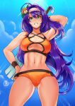 1girl alluring bikini fire_emblem fire_emblem:_path_of_radiance fire_emblem:_radiant_dawn green_eyes hair_between_eyes high_res intelligent_systems long_hair looking_at_viewer medium_breasts mia_(fire_emblem) nintendo orange_bikini purple_hair revolverwing revolverwingstudios smile swimsuit