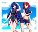 2girls absurd_res alluring alternate_costume big_breasts bikini blue_eyes blue_hair blue_sky core_crystal_(xenoblade) cosplay costume_switch crossover fire_emblem fire_emblem_awakening fire_emblem_cipher high_res intelligent_systems long_hair looking_at_viewer lucina lucina_(fire_emblem) medium_breasts multiple_girls nintendo pyra_(pro_swimmer)_(xenoblade) pyra_(xenoblade) red_eyes red_hair short_hair sky sonicheroxd swimsuit thighs xenoblade_(series) xenoblade_chronicles_2