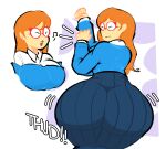 1girl 1girl 1girls ass ass_shot back back_view backboob big_ass blue_dress blue_shirt bottomwear breasts brown_hair close-up clothed clothing dress english english_text eyewear female_only gungaporno hair huge_ass kindergarten_(game) kindergarten_3 large_ass long_hair looking_back mature mature_female motion_lines ms._lovelett musical_note onomatopoeia red_glasses shirt solo_female teacher teacher_outfit text topwear