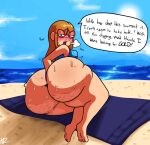 1girl 1girls 2d_(artwork) artist_signature ass ass_bigger_than_head ass_bigger_than_torso ass_focus background beach beach_background beach_towel big_ass blush blush_lines breasts butt_digging cellulite digging_up_in_they_ass exhaling fat_ass feet female_only glasses high_res hips hips_wider_than_shoulders huge_ass kindergarten_(game) kindergarten_3 meryo_2 ms._lovelett rhyming shiny_ass sweat sweatdrop sweating sweaty sweaty_ass sweaty_butt swimsuit text text_bubble thick_ass wide_hips