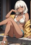 ai_generated bikini blue_eyes civitai one_leg_up sitting smile smiling_at_viewer smug white_hair yonaga_angie