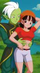 1boy 1girl aged_up ai_generated black_eyes black_hair cameltoe dragon_ball_gt dragon_ball_super forest green_skin hug nature pan_(dragon_ball) small_breasts white_hair zamasu