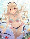  1girl 1girl alluring bikini black_hairband corrin_(fire_emblem) corrin_(fire_emblem)_(female) fire_emblem fire_emblem_cipher fire_emblem_fates fish hairband haru_(nakajou-28) high_res long_hair nintendo open_mouth pointy_ears red_eyes shell shell_bikini swimming swimsuit underwater voluptuous white_hair 