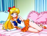 1girl accurate_art_style adult_swim alluring beautiful bed bishoujo_senshi_sailor_moon bishoujo_senshi_sailor_moon_r bishoujo_senshi_sailor_moon_r_the_movie bishoujo_senshi_sailor_moon_s bishoujo_senshi_sailor_moon_s_the_movie bishoujo_senshi_sailor_moon_supers bishoujo_senshi_sailor_moon_supers_the_movie blonde_hair blue_eyes cute goremu high_heels insanely_hot minako_aino on_bed pin_up posing pumps sailor_venus toei_animation toonami winking_at_viewer 