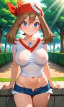 1girl ai_generated bandanna blue_eyes blush breasts_visible_through_clothing brown_hair creatures_(company) female_focus forest game_freak haruka_(pokemon) light_rays looking_at_viewer may_(pokemon) nature navel nintendo nipples_through_clothes park pendant pokemon_(anime) pokemon_(game) shirt short_shorts sunlight younger_female