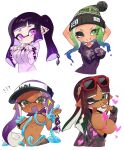 1girl 4girls arms_behind_head bangs black_bra blunt_bangs blush bow bra breast_grab breasts breasts_out censored_nipples cleavage covered_nipples dokudami-sama_(vaz_999) female_only grabbing grabbing_another's_breast grabbing_breasts green_eyes green_hair inkling inkling_girl jacket jellyfish_(splatoon) long_hair mev_(mevlingo) multiple_girls navel octoling octoling_girl one_eye_closed open_mouth pink_eyes purple_hair splatoon splatoon_(series) sunglasses sunglasses_on_head tentacle tentacle_hair tentacle_rape unzipped unzipped_jumpsuit vaz_999 white_background wink