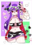 1girl 1girl 1girls big_breasts booty_shorts braid breasts cleavage dolphin_shorts eyewear eyewear_on_head horns inkling inkling_girl inkling_player_character long_hair looking_at_viewer miiinatochanowo navel nintendo purple_hair red_eyes short_hair short_shorts shorts solo_female solo_focus splatoon splatoon_3 tentacle tentacle_hair
