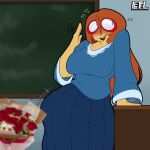 1boy 1girl 1girl 1girls 2d 2d_(artwork) big_breasts blue_clothing blush blush breasts chalk chalkboard curvy desk dress flirt flirting flower flowers freckles freckles_on_face glasses kindergarten_(game) kindergarten_3 letherisreal motion_lines ms._lovelett waving waving_hand