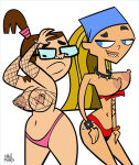 1girl 2_girls 2d bandana beth_(tdi) big_breasts biting_lip black_and_white blonde_hair breasts brown_hair choker collar color colored edit female_focus female_only fishnets glasses hourglass_figure human human_only knullmannen lindsay_(tdi) line_art lingerie nipples skimpy skimpy_clothes spiked_collar total_drama_island white_background wide_hips wrist_cuffs