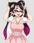 1girl 1girl 1girls adjusting_hair arms_up breasts callie_(splatoon) dress grey_background inkling inkling_girl long_hair mole mole_under_eye nintendo open_mouth pink_dress pointy_ears simple_background solo_female solo_focus splatoon tentacle tentacle_hair tongue two-tone_hair ukaisensei