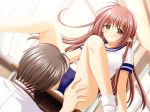  00s black_panties brown_eyes buruma footwear gym_uniform lisianthus panties pointy_ears red_hair shuffle! socks table underwear 