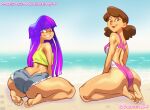  1girl 2025 2_girls asian_female ass ass barefoot beach big_ass big_ass brown_hair chickpea color colored digital_drawing_(artwork) feet female_only glitch_techs huge_ass huge_ass long_hair looking_at_viewer looking_back looking_over_shoulder miko_kubota nica_kubota purple_hair sfw short_shorts smile soles swimsuit tanktop toes very_long_hair 