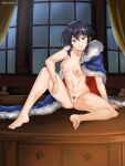 1girl absurd_res alluring atramada barefoot black_hair cape chest_of_drawers cleft_of_venus commission commissioner_upload female_pubic_hair fire_emblem fire_emblem:_genealogy_of_the_holy_war fire_emblem_heroes high_res intelligent_systems larcei_(fire_emblem) living_room navel nintendo nipples nude pubic_hair pussy short_hair sitting smile tomboy