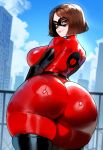 1girl ai_generated ass ass_focus bodysuit brown_hair city curvy curvy_female curvy_figure disney elastigirl helen_parr the_incredibles tights