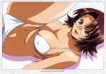  1girl :d bangs bikini bikini_bottom bikini_top breasts brown_hair cleavage erect_nipples female glasses goei goei_sonsaku ikkitousen large_breasts leg_up lipstick looking_at_viewer lying makeup milf naughty_face navel nipples on_back open_mouth parted_bangs purple_eyes red_lipstick shadow short_hair sideboob simple_background smile solo sonsaku_goei spread_legs swimsuit white_bikini white_swimsuit 