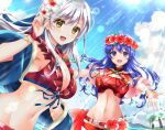 2girls :d alluring beach belt bikini blue_eyes blue_hair blue_scarf fire_emblem fire_emblem:_radiant_dawn fire_emblem:_the_binding_blade fire_emblem_heroes flower front-tie_top gloves grey_hair groin hair_flower hair_ornament hair_ribbon half_updo head_wreath high_res intelligent_systems kakiko210 light_rays lilina_(fire_emblem) lilina_(summer)_(fire_emblem) long_hair looking_at_viewer medium_breasts micaiah_(fire_emblem) micaiah_(wavecrest_maiden)_(fire_emblem) navel nintendo official_alternate_costume open_mouth outside outstretched_arms red_bikini red_gloves ribbon scarf sideboob smile spread_arms sunlight swimsuit upper_body yellow_eyes