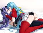 2_girls alluring aqua_hair ass black_panties boots camilla_(fire_emblem) closed_eyes commentary commission eirika_(fire_emblem) english_commentary fgsketch fire_emblem fire_emblem:_the_sacred_stones fire_emblem_fates fire_emblem_warriors gloves high_res intelligent_systems kissing long_hair miniskirt multiple_girls nintendo on_bed panties pillow pulling_another's_clothes purple_gloves purple_hair signature skirt thigh_high_boots underwear upskirt very_long_hair wedgie yuri