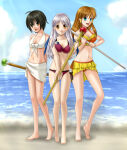 3_girls ahoge alluring bare_shoulders barefoot beach bikini black_hair blue_eyes brown_eyes brown_hair cleavage cloud collarbone day fire_emblem fire_emblem:_path_of_radiance fire_emblem:_radiant_dawn flower frilled_bikini frills high_res intelligent_systems laura_(fire_emblem) light_rays long_hair medium_breasts micaiah_(fire_emblem) midriff mist_(fire_emblem) mist_(radiant_dawn)_(fire_emblem) multiple_girls navel nintendo ocean open_mouth outside sarong short_hair side-tie_bikini_bottom silver_hair staff sunbeam sunlight swimsuit water yellow_eyes yuino_(fancy_party)