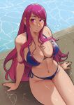 1girl 1girl 1girl alluring alternate_costume bare_arms bare_shoulders big_breasts bikini blue_bikini blush cleavage collarbone deliciousbra deliciousbrain earrings fire_emblem fire_emblem_engage from_above high_res intelligent_systems ivy_(fire_emblem) jewelry long_hair mole mole_on_breast mole_on_thigh mole_under_mouth navel nintendo open_mouth outside pool poolside purple_eyes purple_hair sideboob sitting skindentation stomach swimming_pool swimsuit thick_thighs thighs very_long_hair water wet