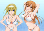 absurd_res alice_schuberg alluring arms_behind_back asuna_(sao) big_breasts bikini blonde_hair blue_background blue_eyes blush braid breasts_apart brown_eyes brown_hair cleavage crown_braid gradient_background groin hair_between_eyes hands_on_own_hips high_res leaning_forward long_hair looking_at_viewer open_mouth shiny_skin swimsuit sword_art_online teeth teto0315 thighs tongue white_bikini white_headwear