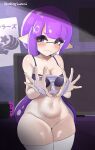 1girl 1girl 1girls bottomless bottomless_female fan_character female_focus inkling inkling_girl laura_(lewdspls) light-skinned_female light_skin nintendo panties presenting_removed_panties purple_hair skankingsalmonid solo_female solo_focus splatoon stockings tagme twitter_link underwear white_panties